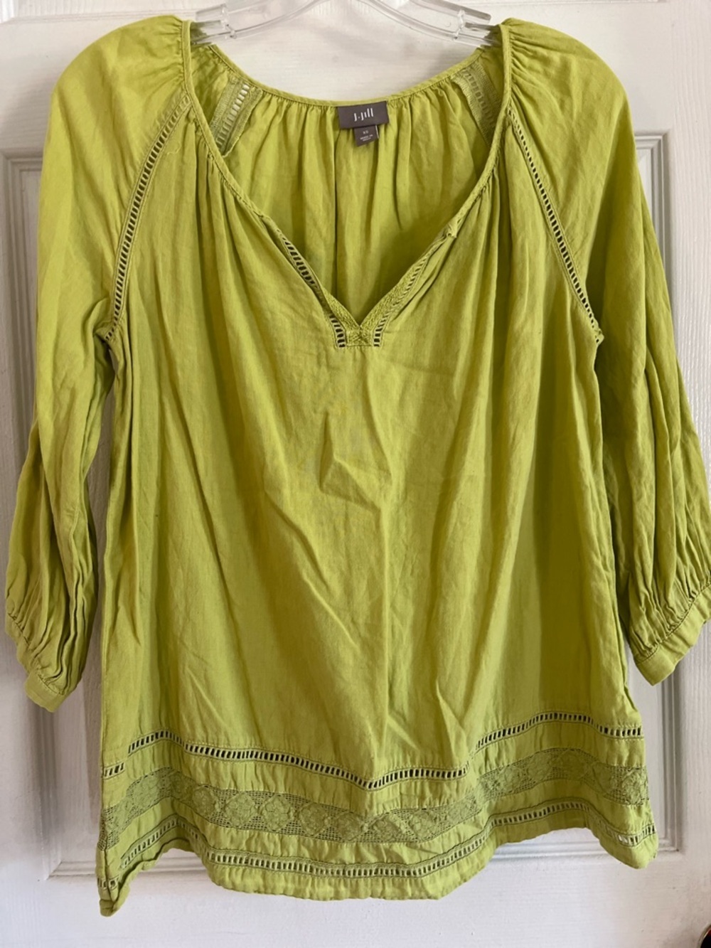 J Jill Lime Linen Rayon Popover Women’s Shirt Split Neck Insert Lace Trim